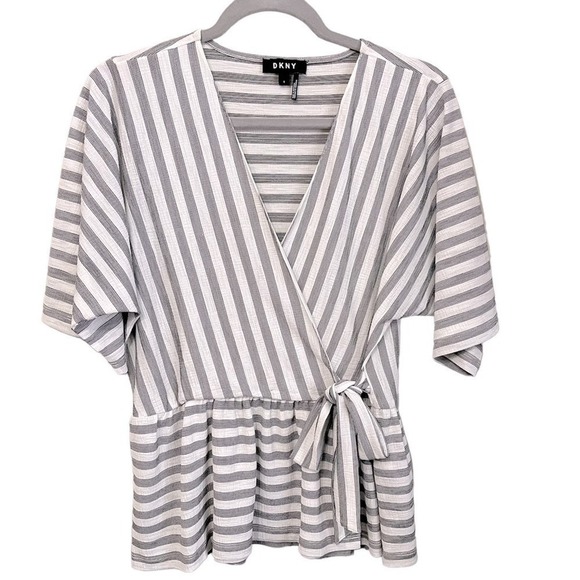 Dkny Striped V Neck Faux Wrap Top Size S - Picture 3 of 7